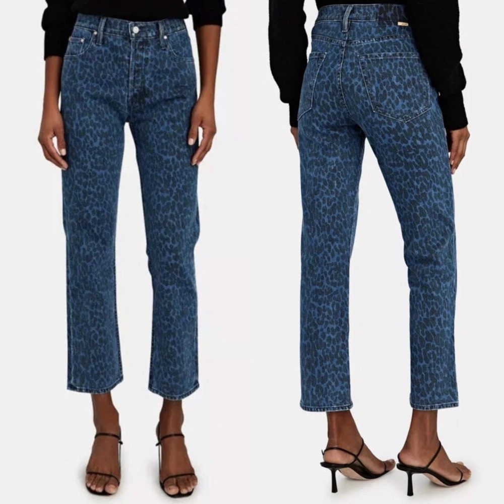 MOTHER The Tomcat Ankle Animal Print Straight Leg Jeans Sinister Blue/Black NEW
